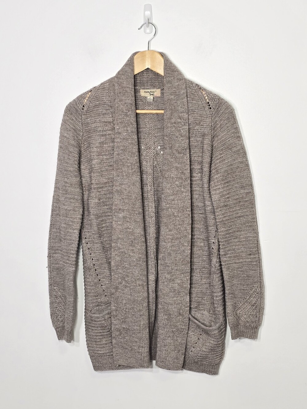 Tripe Five Soul Taupe Wool Blend Knitted Open Front Cardigan Sweater Size Small